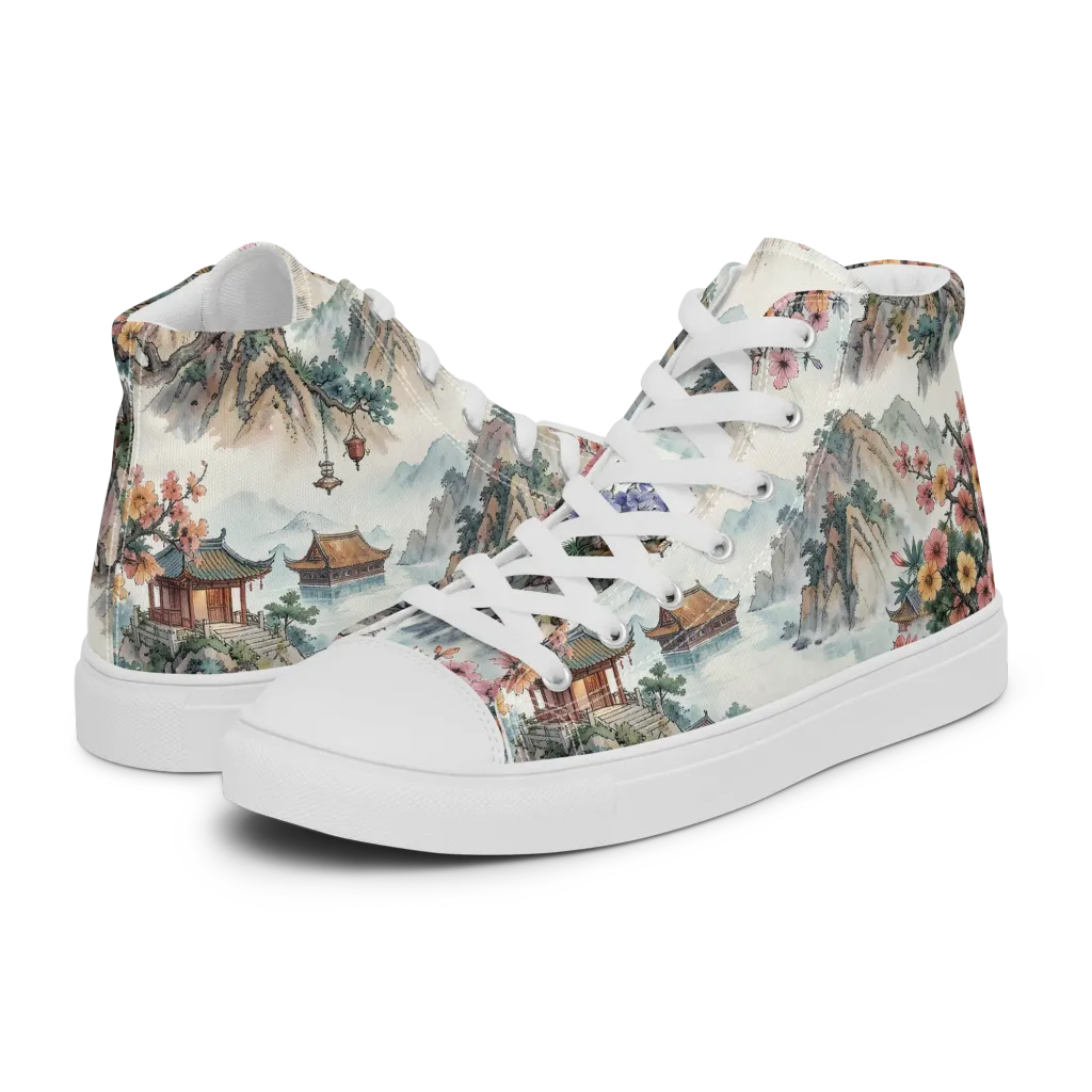 Jade Mountain Blossom on Women's High Top Canvas Shoes — Left