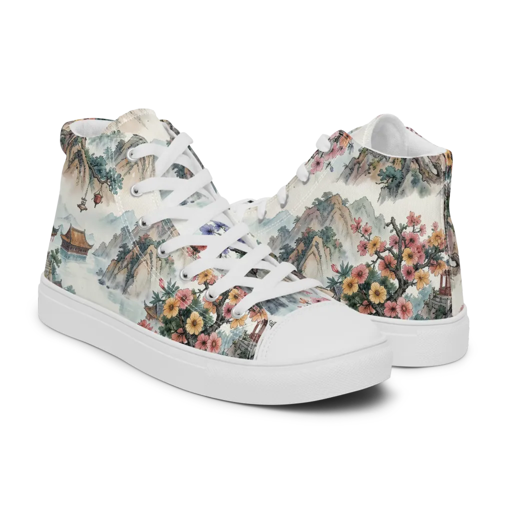 Jade Mountain Blossom on Women's High Top Canvas Shoes — Right
