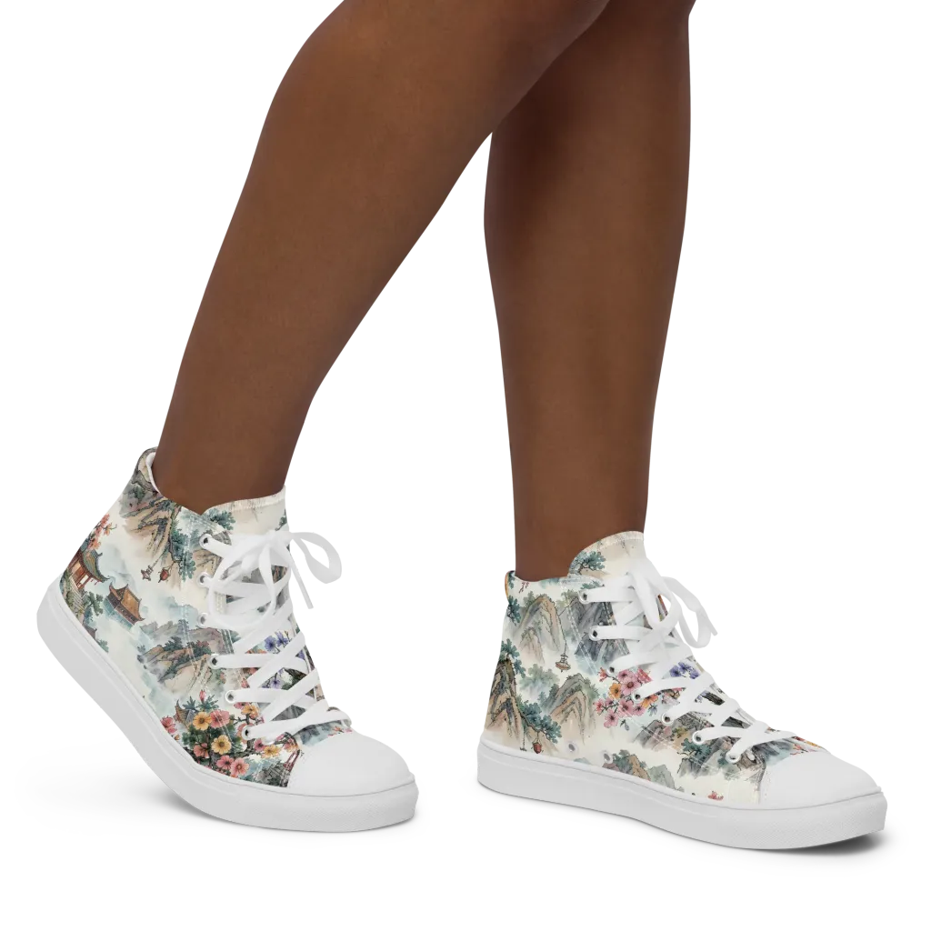 Jade Mountain Blossom on Women's High Top Canvas Shoes — Right