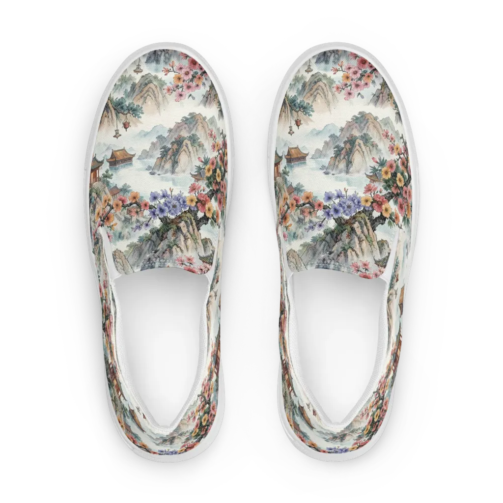 Jade Mountain Blossom on Men's Slip-On Canvas Shoes — Front