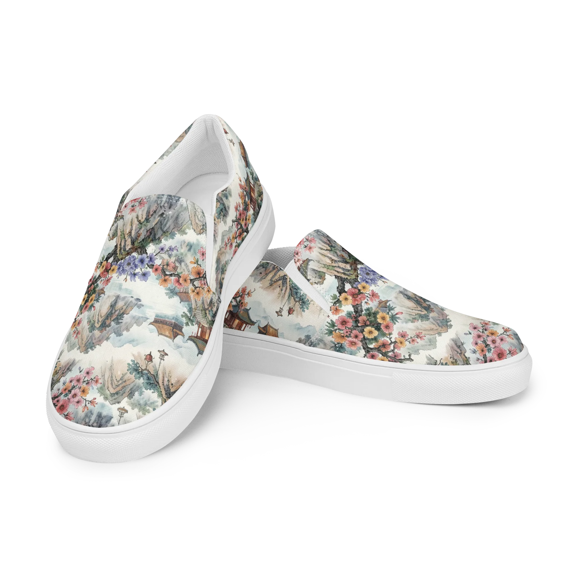 Jade Mountain Blossom on Men's Slip-On Canvas Shoes — Left Front