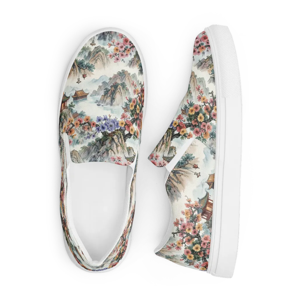 Jade Mountain Blossom on Men's Slip-On Canvas Shoes — Front