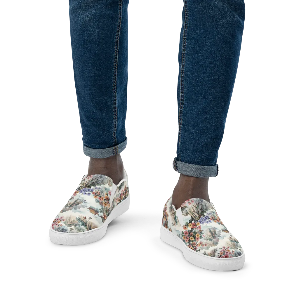 Jade Mountain Blossom on Men's Slip-On Canvas Shoes — Front