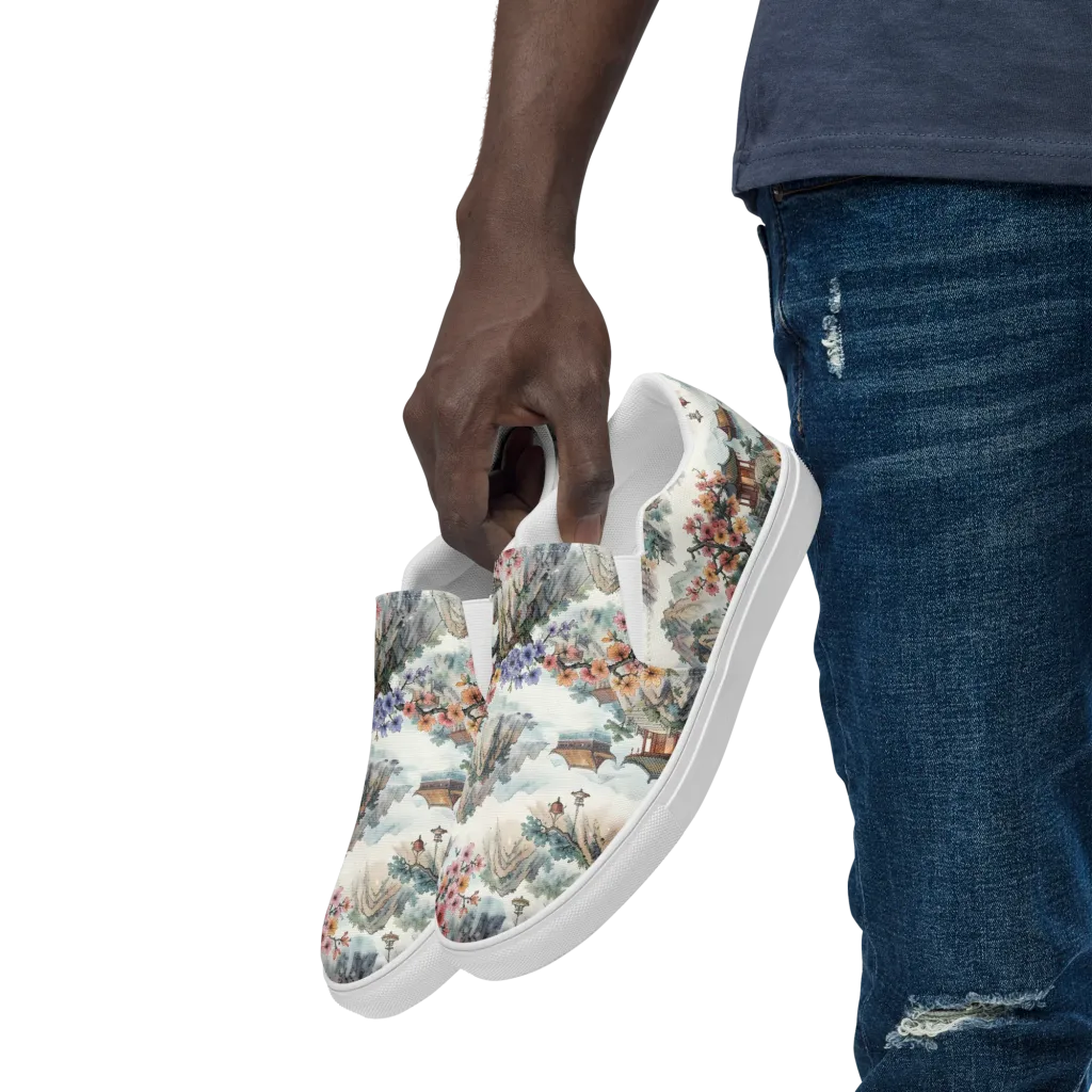 Jade Mountain Blossom on Men's Slip-On Canvas Shoes — Left Front