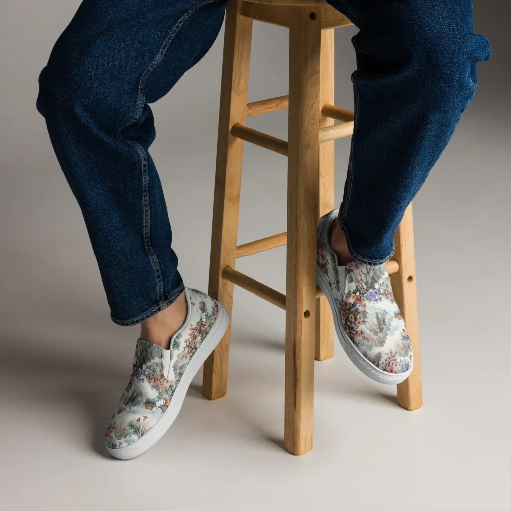 Jade Mountain Blossom on Men's Slip-On Canvas Shoes — Front