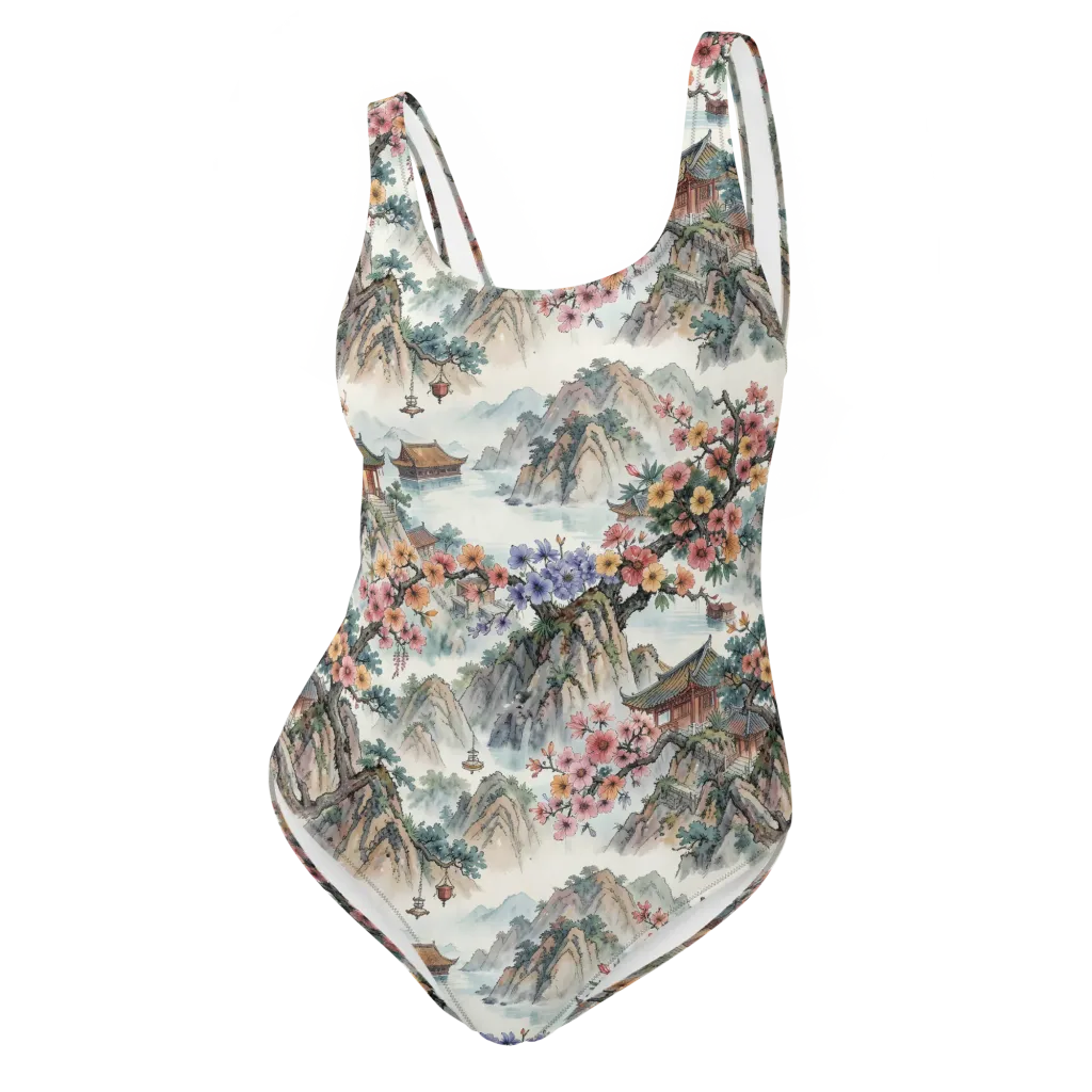Jade Mountain Blossom on One-Piece Swimsuit — Front