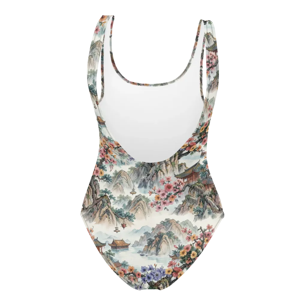 Jade Mountain Blossom on One-Piece Swimsuit — Back