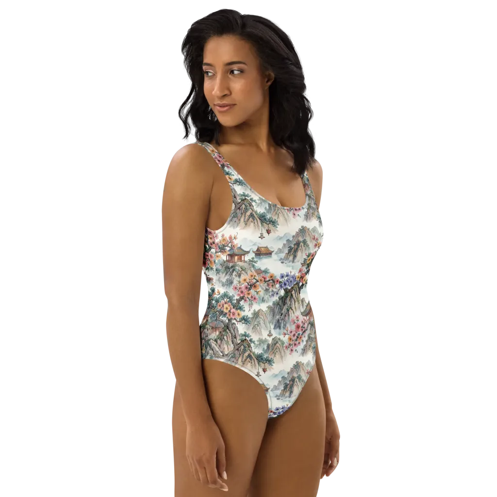 Jade Mountain Blossom on One-Piece Swimsuit — Right