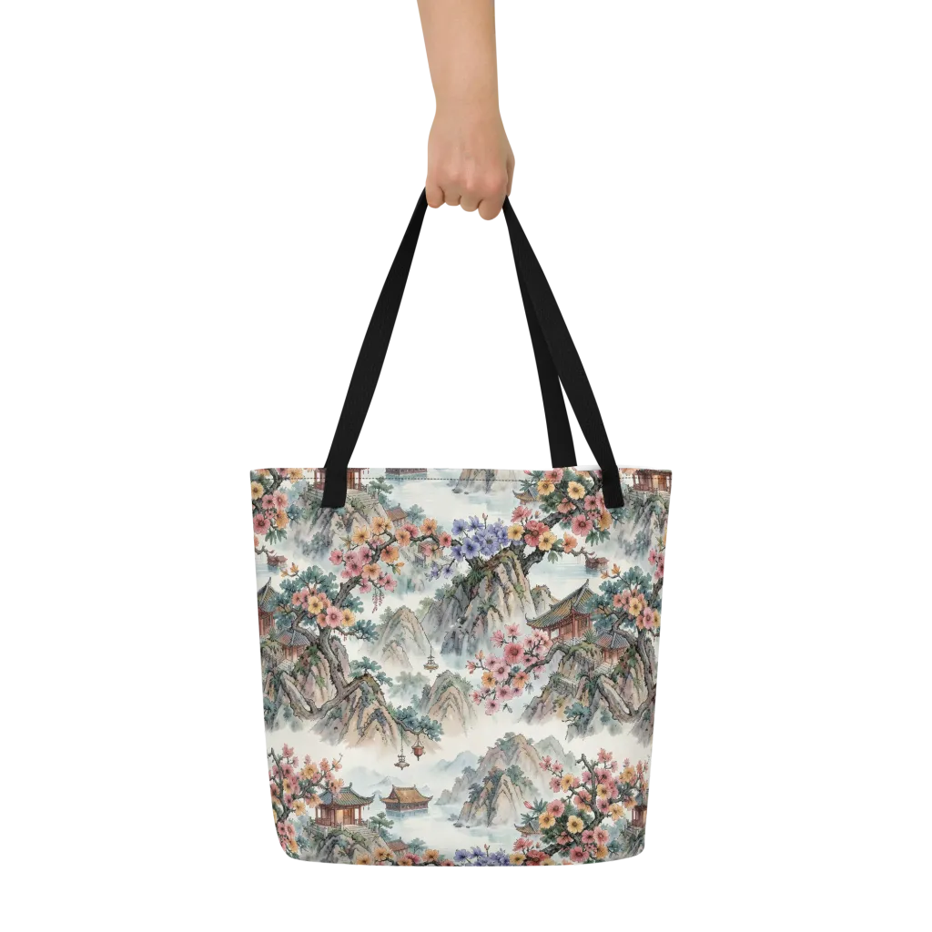 Jade Mountain Blossom on Large Tote Bag W/ Pocket — Front