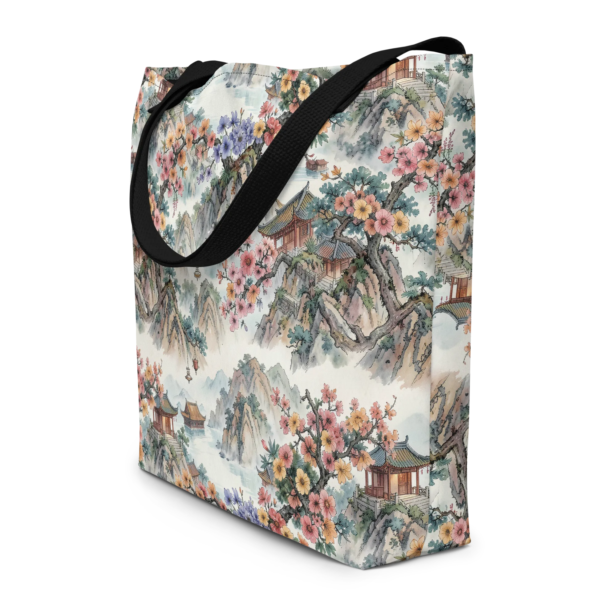 Jade Mountain Blossom on Large Tote Bag W/ Pocket — Front