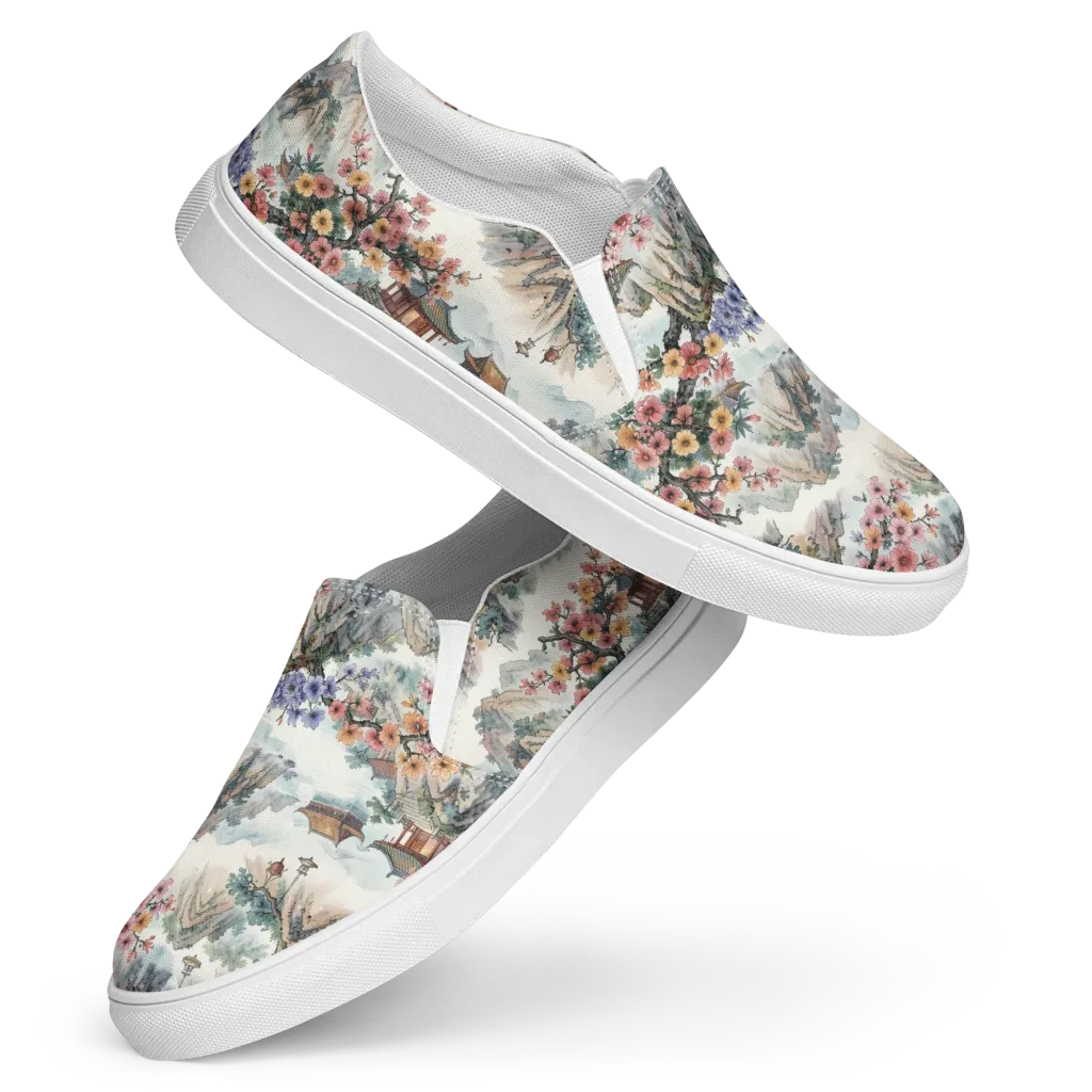 Jade Mountain Blossom on Women's Slip-On Canvas Shoes — Front