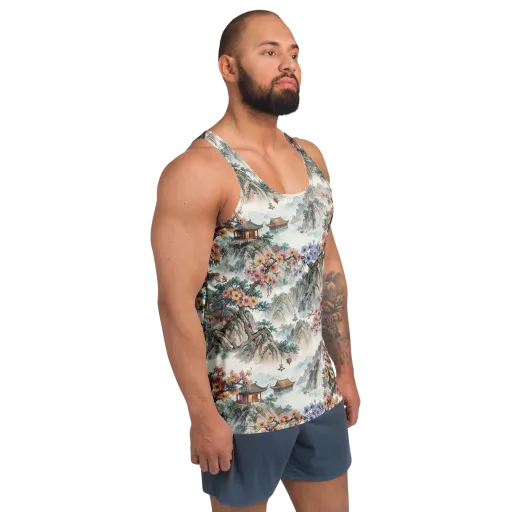 Jade Mountain Blossom on a Men's Tank Top