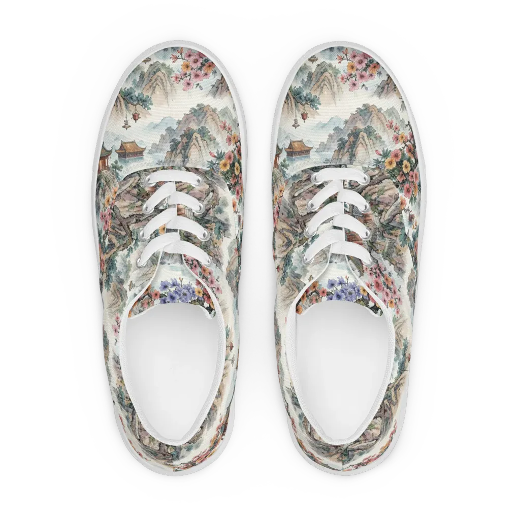 Jade Mountain Blossom on Men's Lace-Up Canvas Shoes — Front