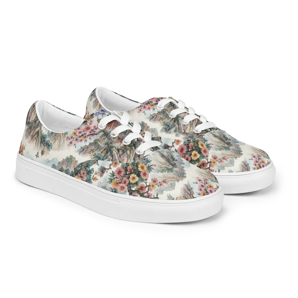 Jade Mountain Blossom on Men's Lace-Up Canvas Shoes — Right Front