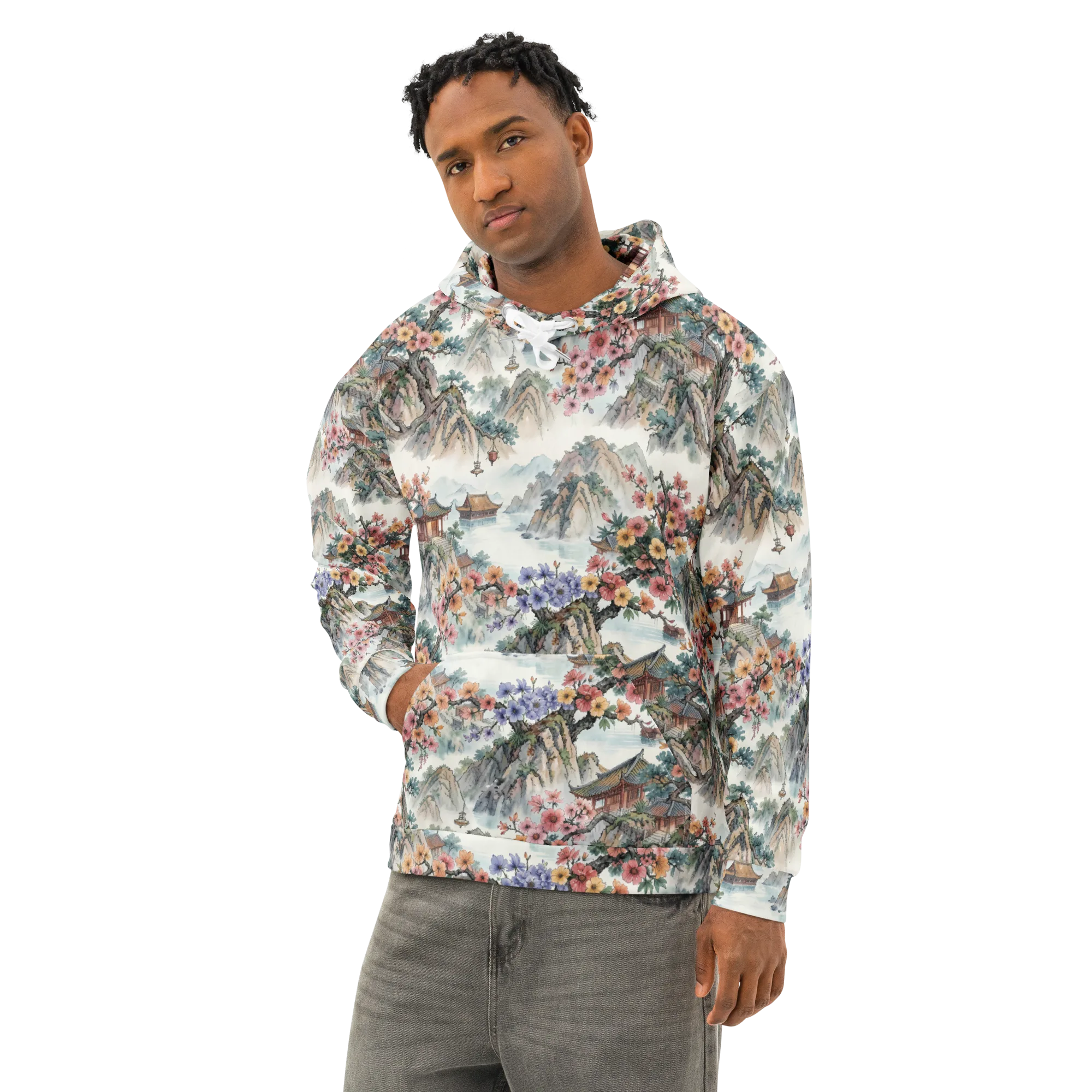 Jade Mountain Blossom on Cotton Hoodie — Left Front