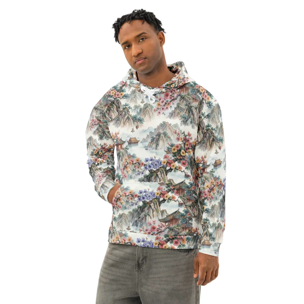 Jade Mountain Blossom on Cotton Hoodie — Left Front