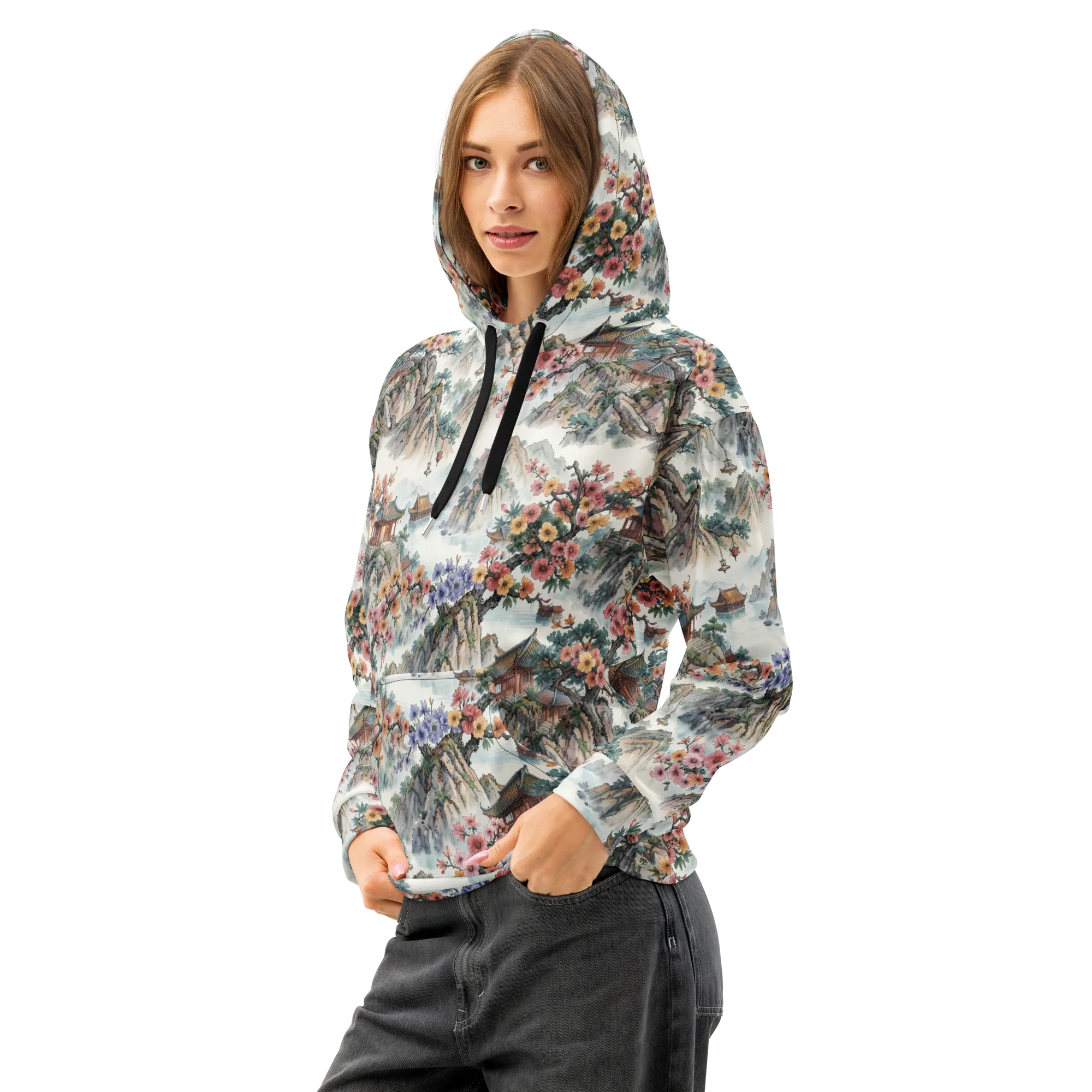 Jade Mountain Blossom on Cotton Hoodie — Left Front
