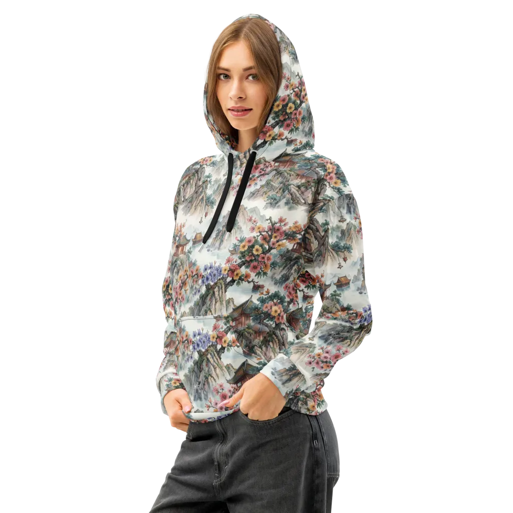 Jade Mountain Blossom on Cotton Hoodie — Left Front