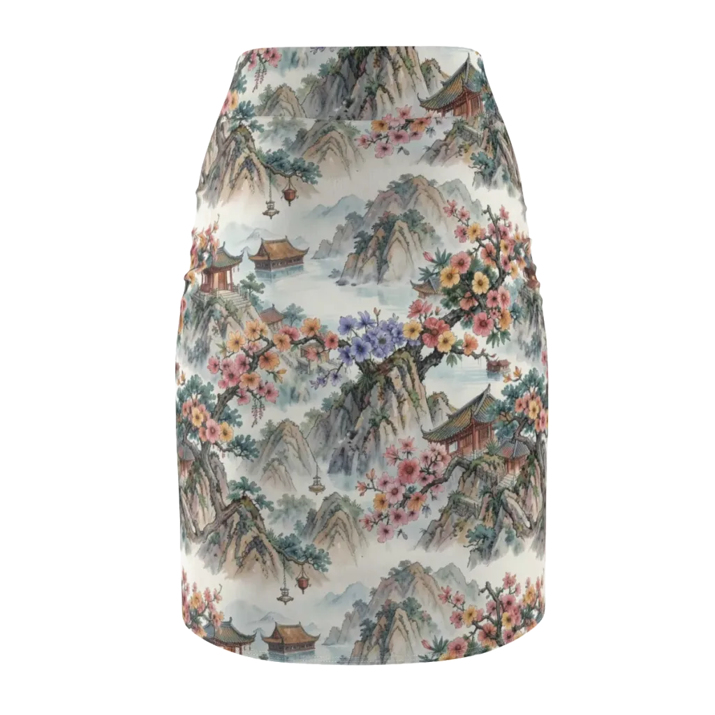 Jade Mountain Blossom on Pencil Skirt — Back