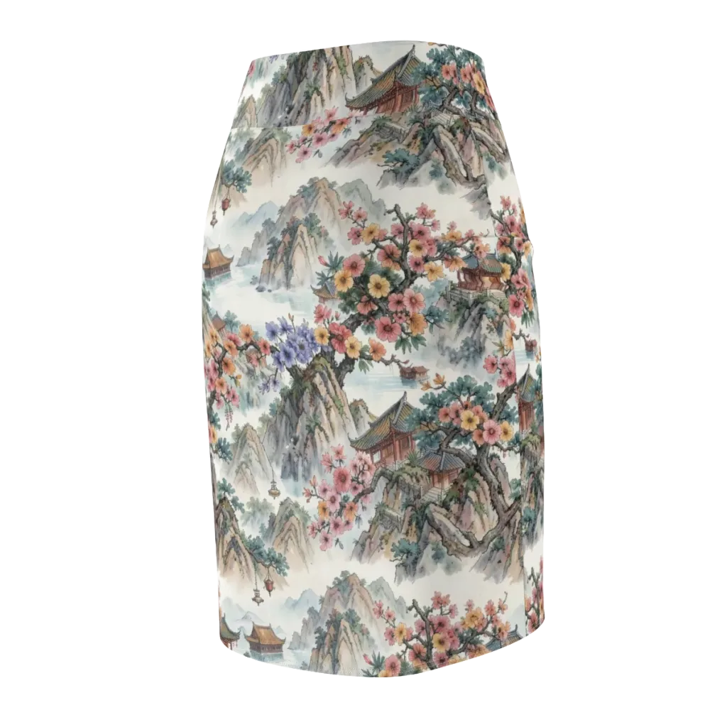Jade Mountain Blossom on Pencil Skirt — Back Side