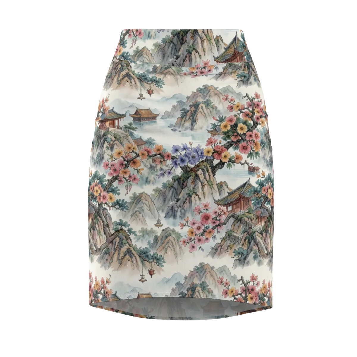 Jade Mountain Blossom on Pencil Skirt — Front
