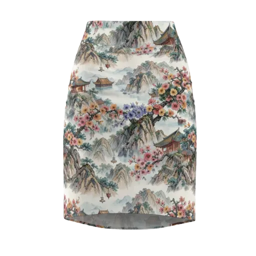 Jade Mountain Blossom on a Pencil Skirt