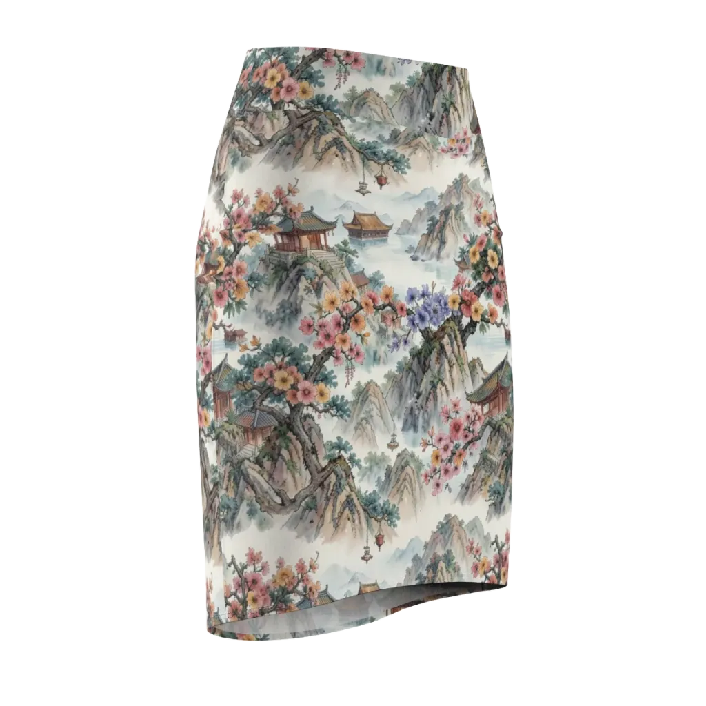Jade Mountain Blossom on Pencil Skirt — Front Side
