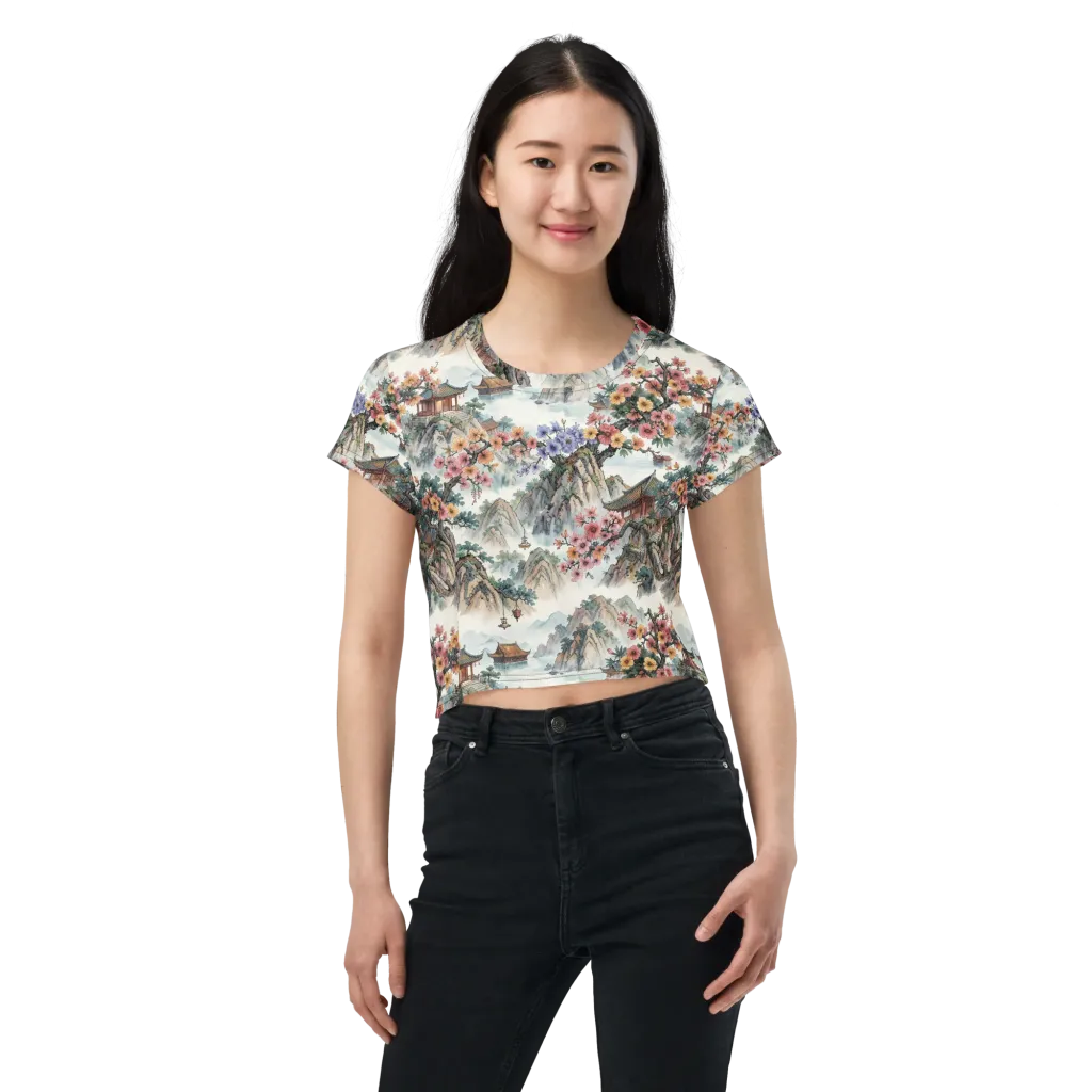 Jade Mountain Blossom on Crop Tee — Front