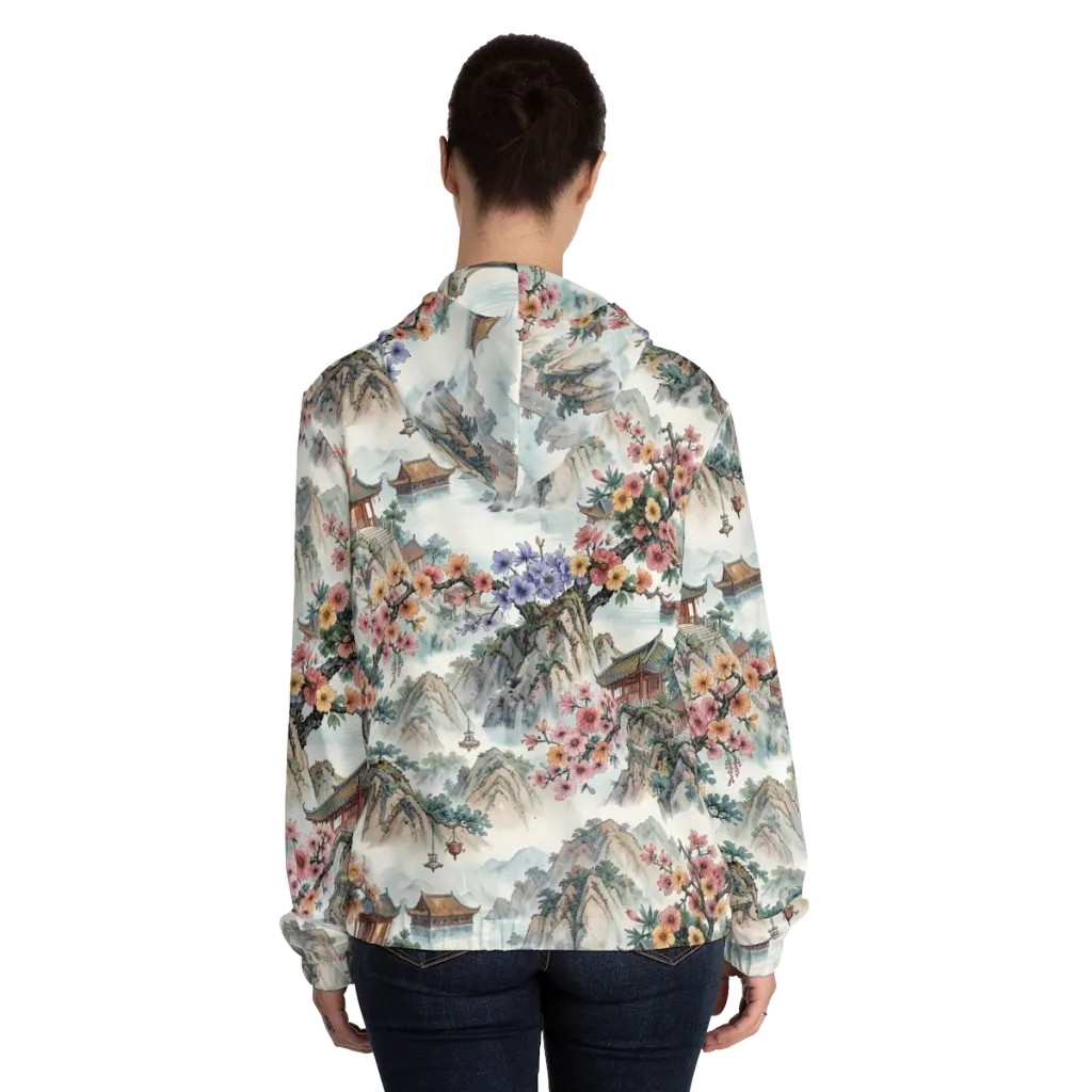 Jade Mountain Blossom on Women's Full-Zip Hoodie — Back On Person