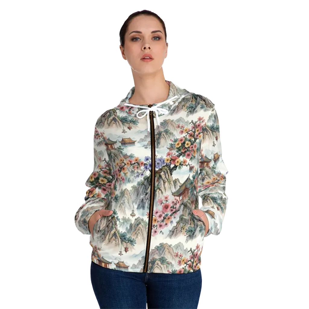 Jade Mountain Blossom on Women's Full-Zip Hoodie — Front On Person