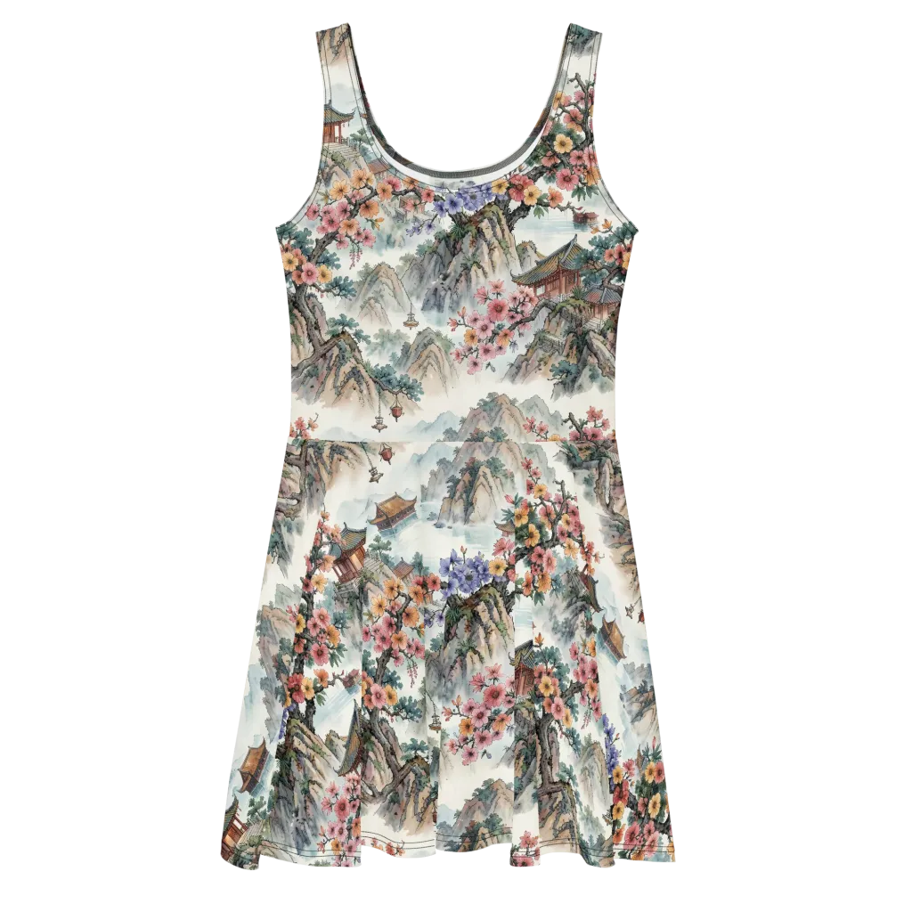 Jade Mountain Blossom on Skater Dress — Front