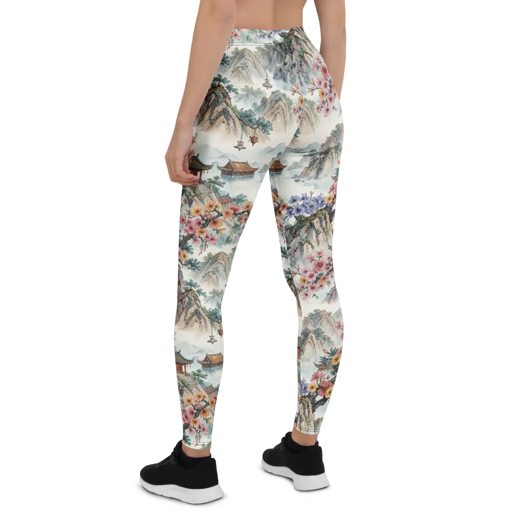 Jade Mountain Blossom on Leggings — Back