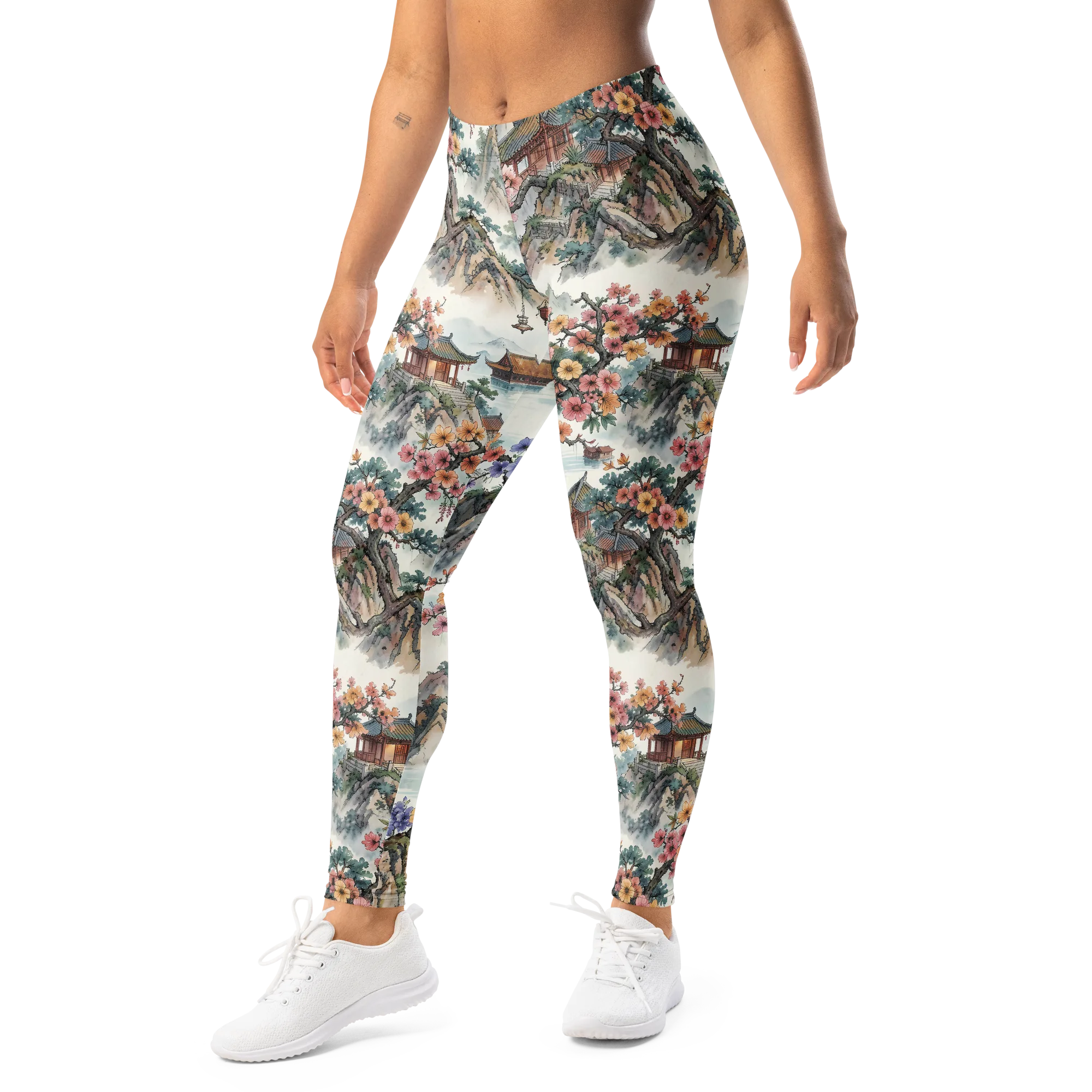 Jade Mountain Blossom on Leggings — Left Front
