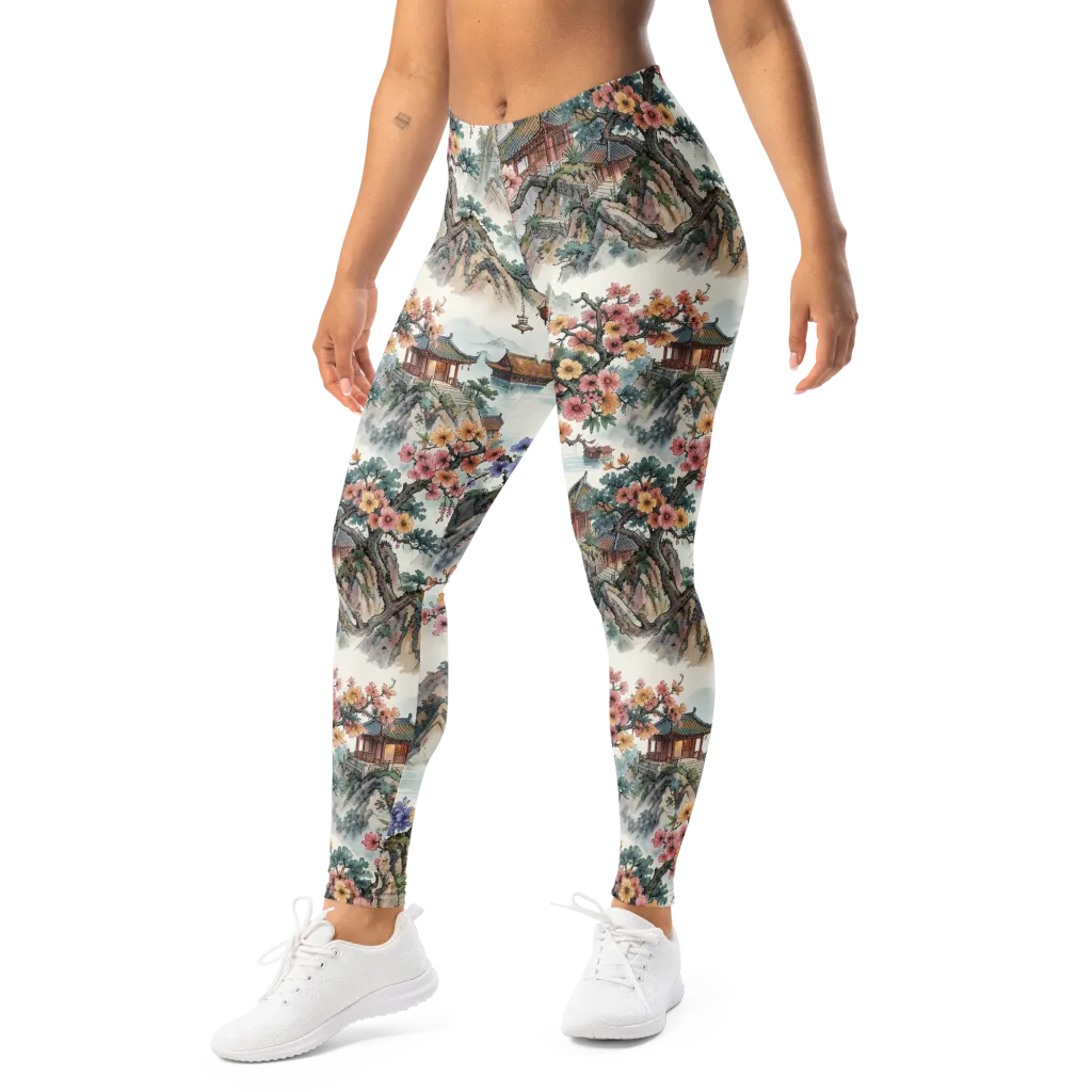 Jade Mountain Blossom on Leggings — Left Front