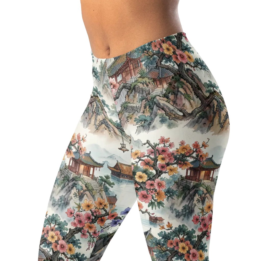 Jade Mountain Blossom on Leggings — Left Front