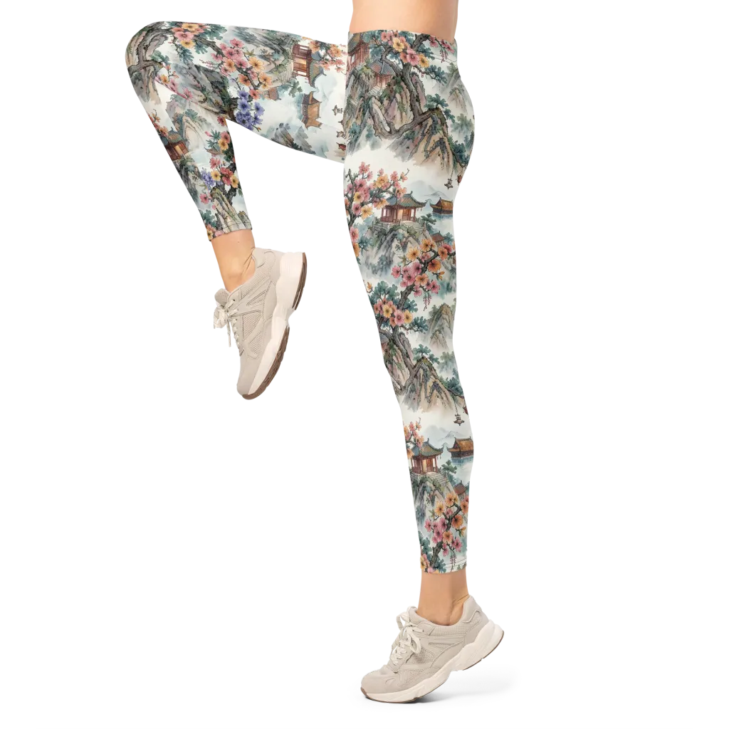 Jade Mountain Blossom on Leggings — Left