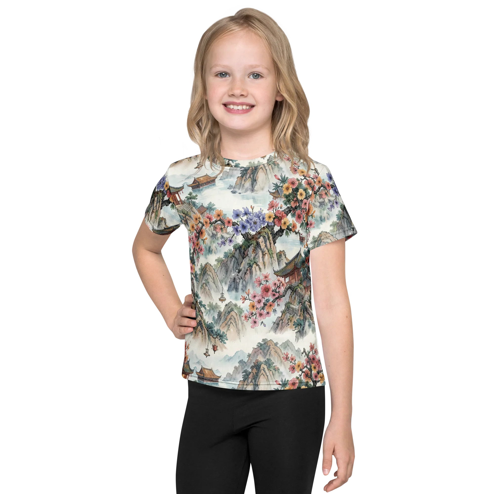 Jade Mountain Blossom on Kids Crew Neck T-Shirt — Front