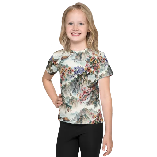 Jade Mountain Blossom on a Kids Crew Neck T-Shirt