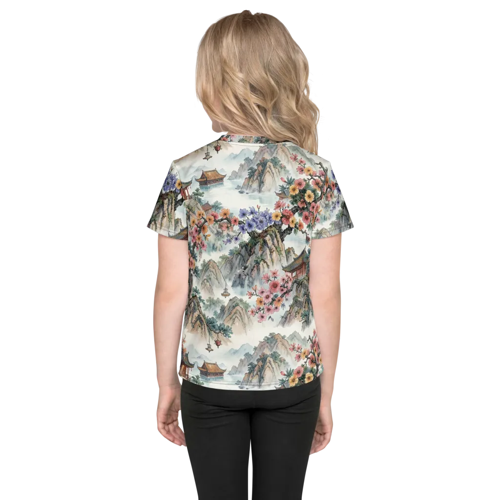 Jade Mountain Blossom on Kids Crew Neck T-Shirt — Back