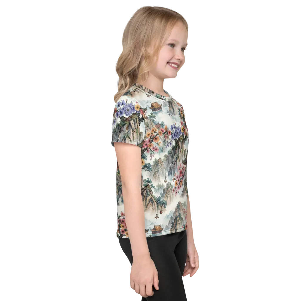 Jade Mountain Blossom on Kids Crew Neck T-Shirt — Right