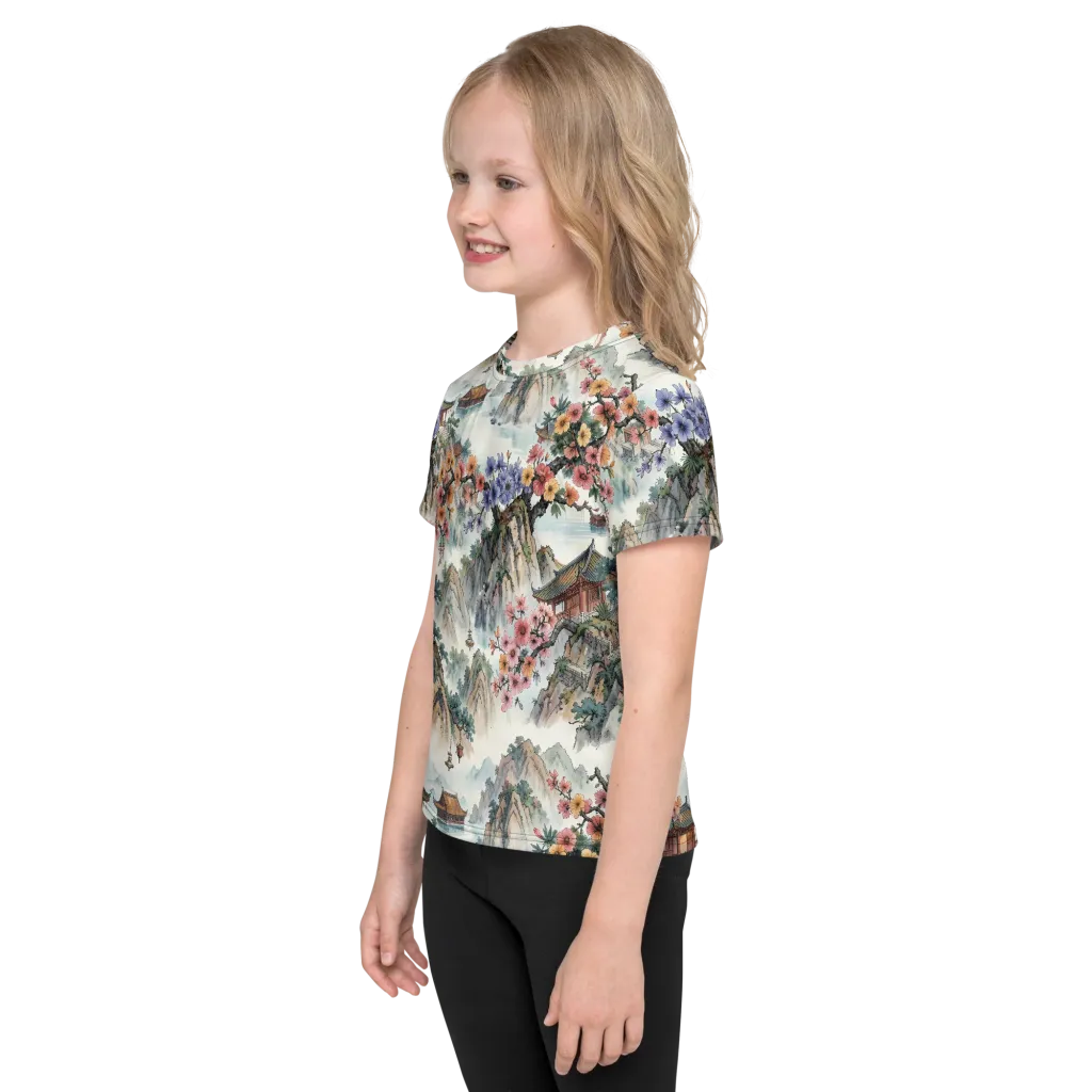 Jade Mountain Blossom on Kids Crew Neck T-Shirt — Left