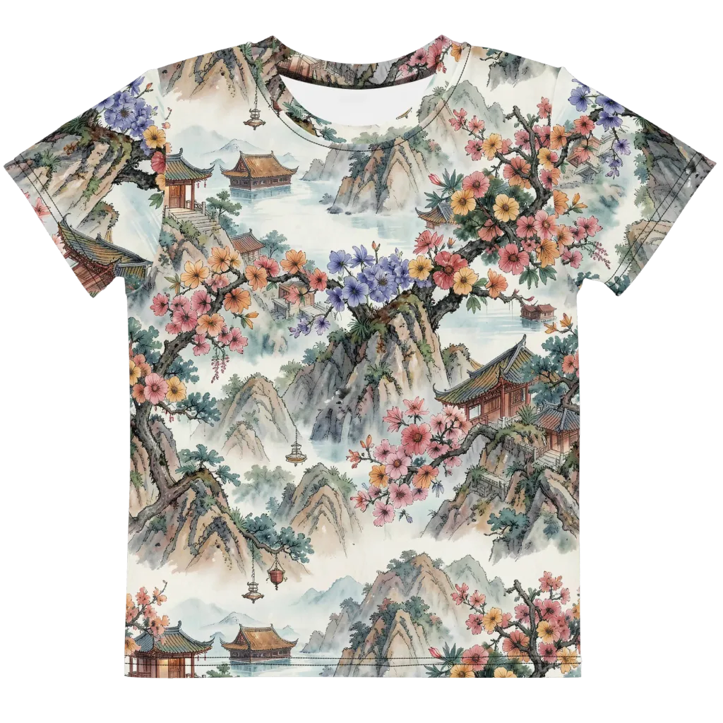 Jade Mountain Blossom on Kids Crew Neck T-Shirt — Front