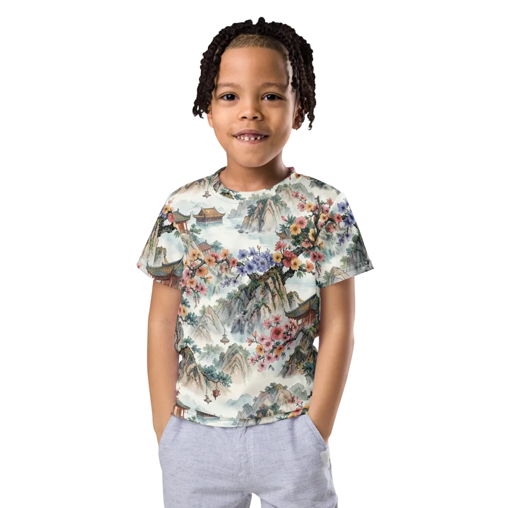 Jade Mountain Blossom on Kids Crew Neck T-Shirt — Front