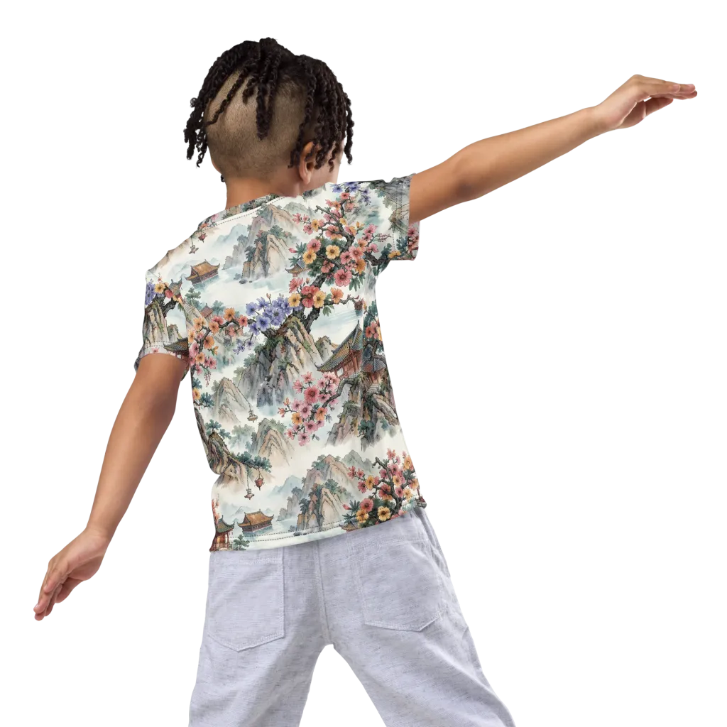Jade Mountain Blossom on Kids Crew Neck T-Shirt — Back