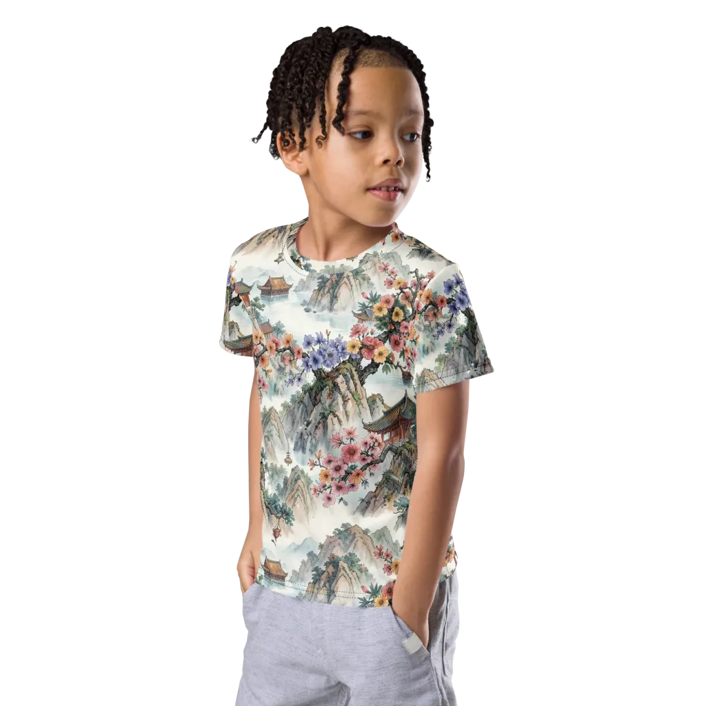 Jade Mountain Blossom on Kids Crew Neck T-Shirt — Left Front