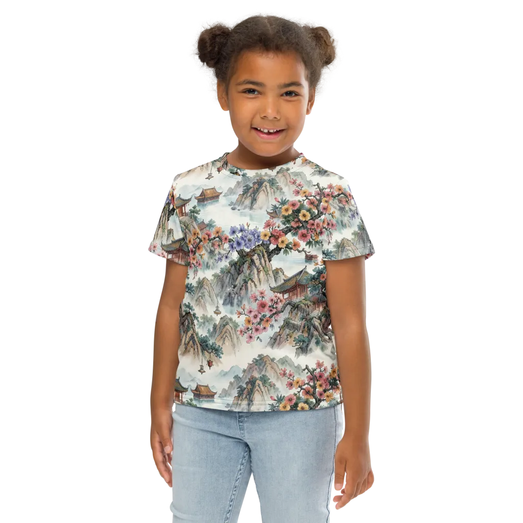 Jade Mountain Blossom on Kids Crew Neck T-Shirt — Front