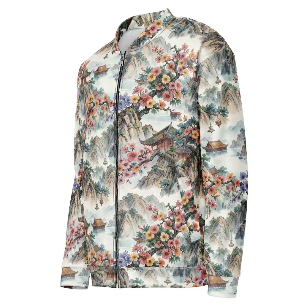 Jade Mountain Blossom on Bomber Jacket — Left Front