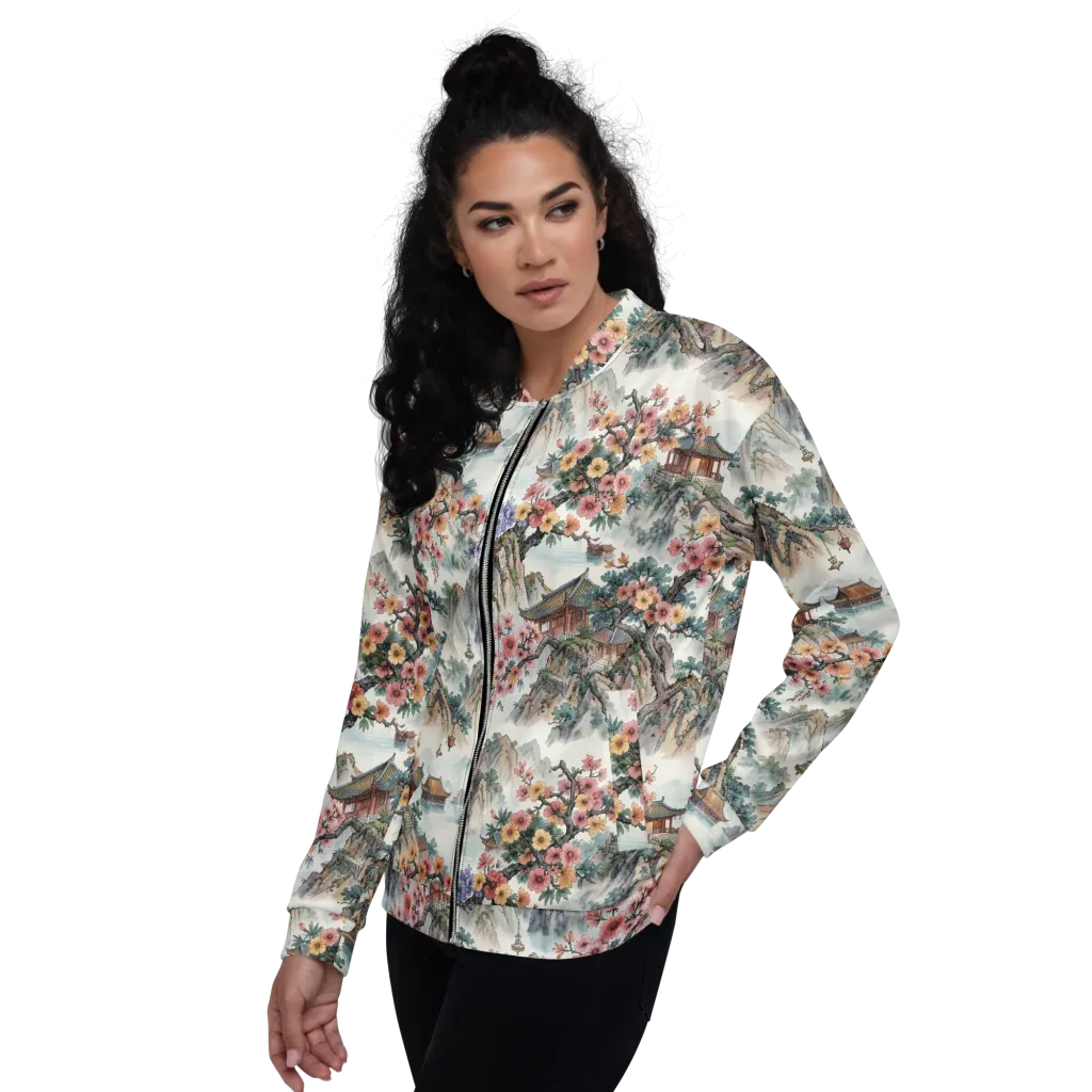 Jade Mountain Blossom on Bomber Jacket — Left