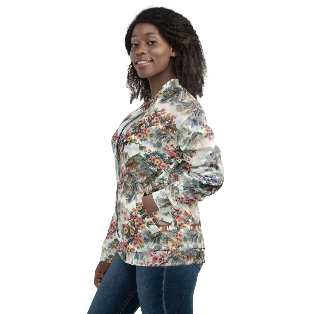 Jade Mountain Blossom on Bomber Jacket — Left
