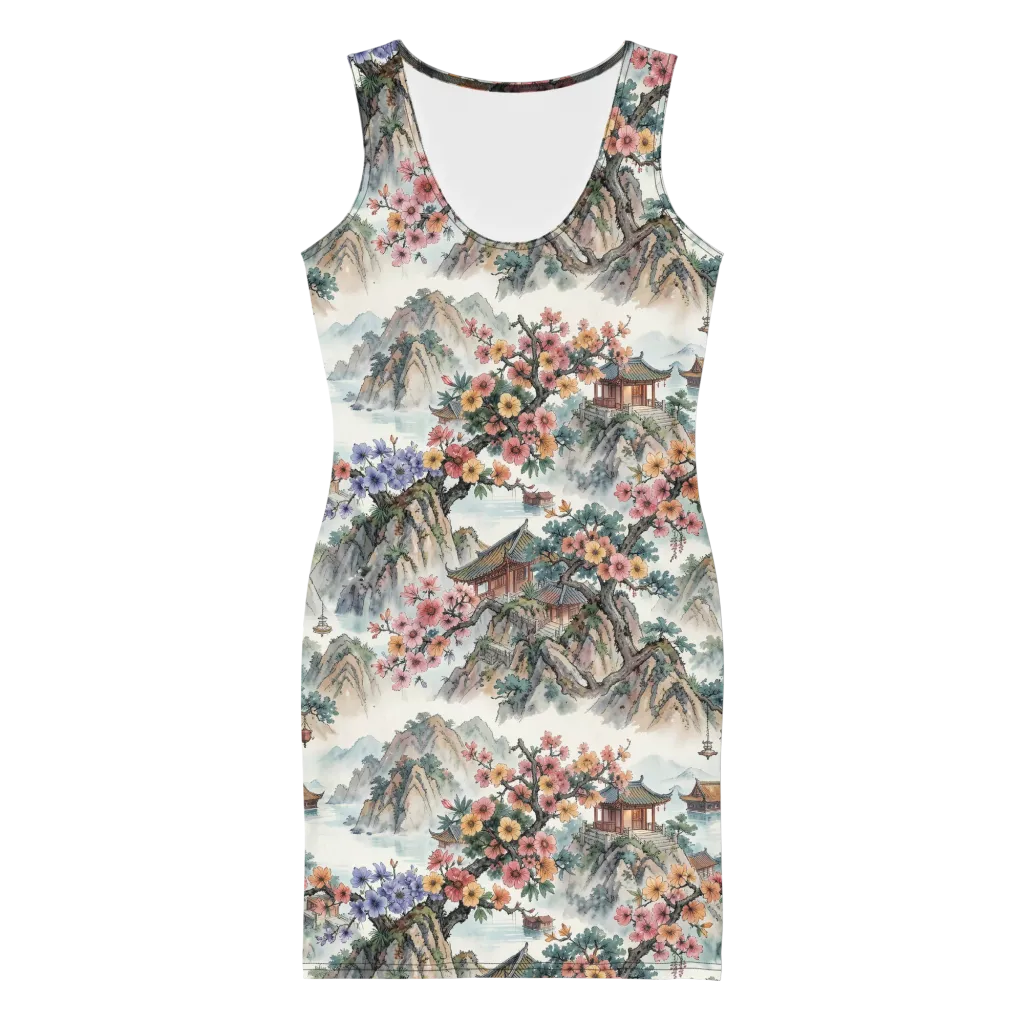 Jade Mountain Blossom on Bodycon Dress — Front